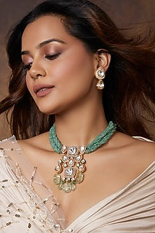 Gold Finish Green Kundan Polki Necklace Set