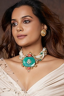 Gold Finish Beaded Choker Necklace Set