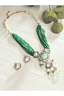 Gold Finish Green Kundan Polki Necklace Set