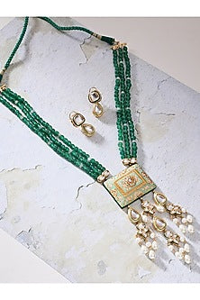 Gold Finish Green Enameled & Polki Pendant Necklace Set
