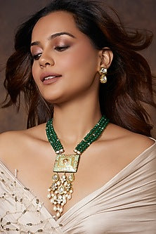 Gold Finish Green Enameled & Polki Pendant Necklace Set