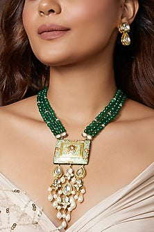 Gold Finish Green Enameled & Polki Pendant Necklace Set