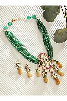Gold Finish Green Beaded Pendant Necklace Set