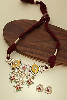 Gold Finish Kundan Polki Enameled Choker Necklace
