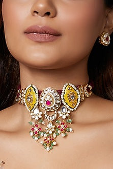 Gold Finish Kundan Polki Enameled Choker Necklace