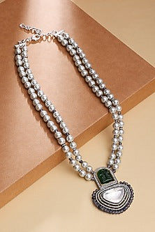 White Finish Kundan Polki & Carved Green Onyx Necklace