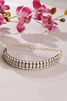 Gold Finish Kundan Polki & Cabachon Grey Stone Choker Necklace