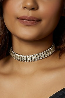 Gold Finish Kundan Polki & Cabachon Grey Stone Choker Necklace
