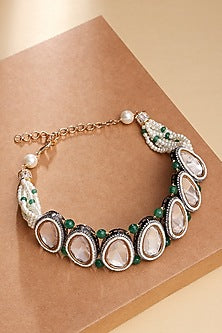 Gold Finish Kundan Polki & Pearl Beaded Choker Necklace