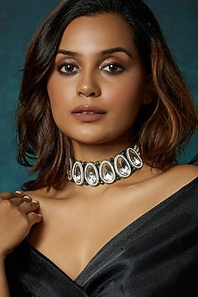 Gold Finish Kundan Polki & Pearl Beaded Choker Necklace