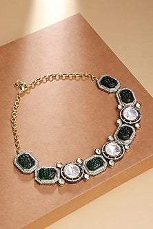 Gold Finish Kundan Polki & Carved Green Onyx Choker Necklace