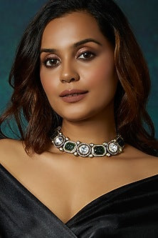 Gold Finish Kundan Polki & Carved Green Onyx Choker Necklace