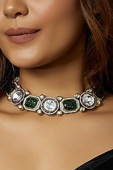 Gold Finish Kundan Polki & Carved Green Onyx Choker Necklace