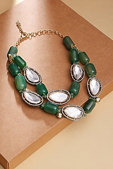 Gold Finish Kundan Polki & Green Onyx Tumble Choker Necklace