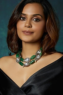 Gold Finish Kundan Polki & Green Onyx Tumble Choker Necklace