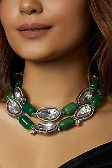 Gold Finish Kundan Polki & Green Onyx Tumble Choker Necklace