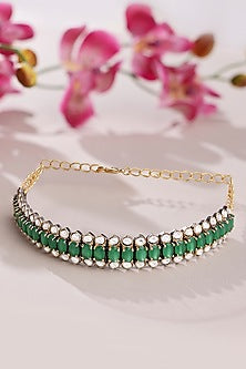 Gold Finish Kundan Polki & Green Onyx Choker Necklace