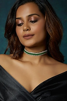 Gold Finish Kundan Polki & Green Onyx Choker Necklace