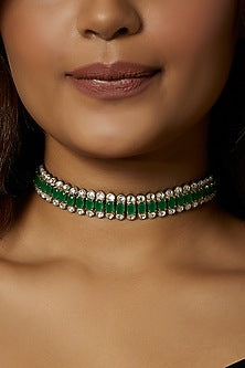 Gold Finish Kundan Polki & Green Onyx Choker Necklace
