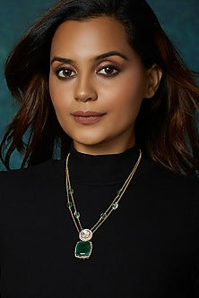 Gold Finish Kundan Polki & Hydro Green Emerald Cabachon Necklace