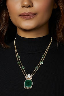 Gold Finish Kundan Polki & Hydro Green Emerald Cabachon Necklace
