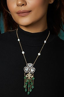Gold Finish Kundan Polki & Green Jade Beaded Necklace