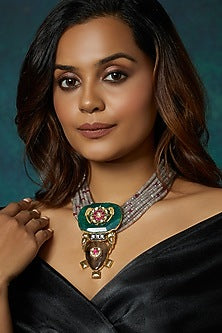 Gold Finish Kundan Polki & Multi-Colored Agate Stone Necklace