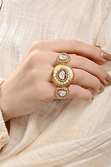 Gold Plated Kundan Polki & Pearl Ring