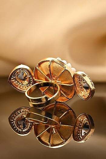 Gold Plated Kundan Polki & Pearl Ring