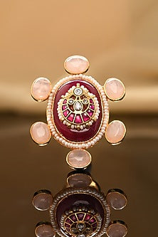Gold Plated Red Agate & Kundan Polki Ring