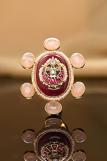 Gold Plated Red Agate & Kundan Polki Ring
