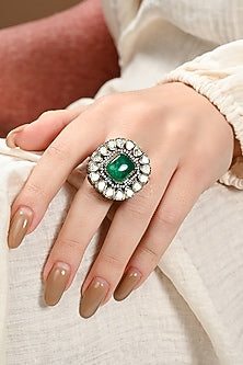 Gold Plated Kundan Polki & Green Onyx Ring