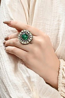 Gold Plated Kundan Polki & Green Onyx Ring