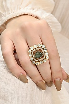 Gold Plated Kundan Polki & Green Jade Ring