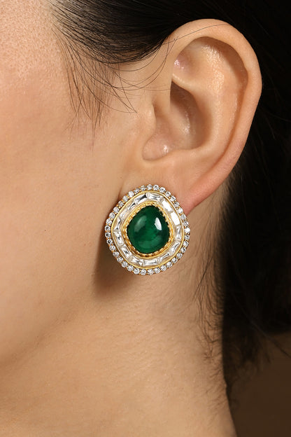 Gold Plated Kundan Polki & Hydro Emerald Stud Earrings