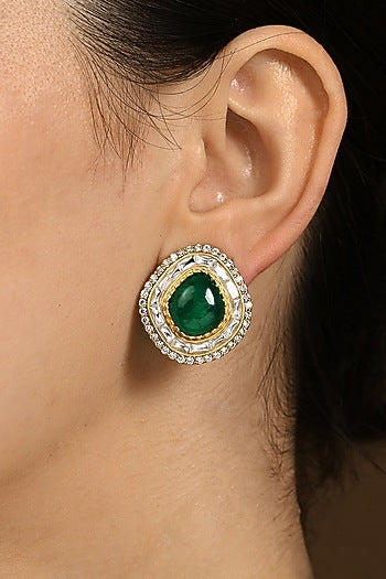 Gold Plated Kundan Polki & Hydro Emerald Stud Earrings