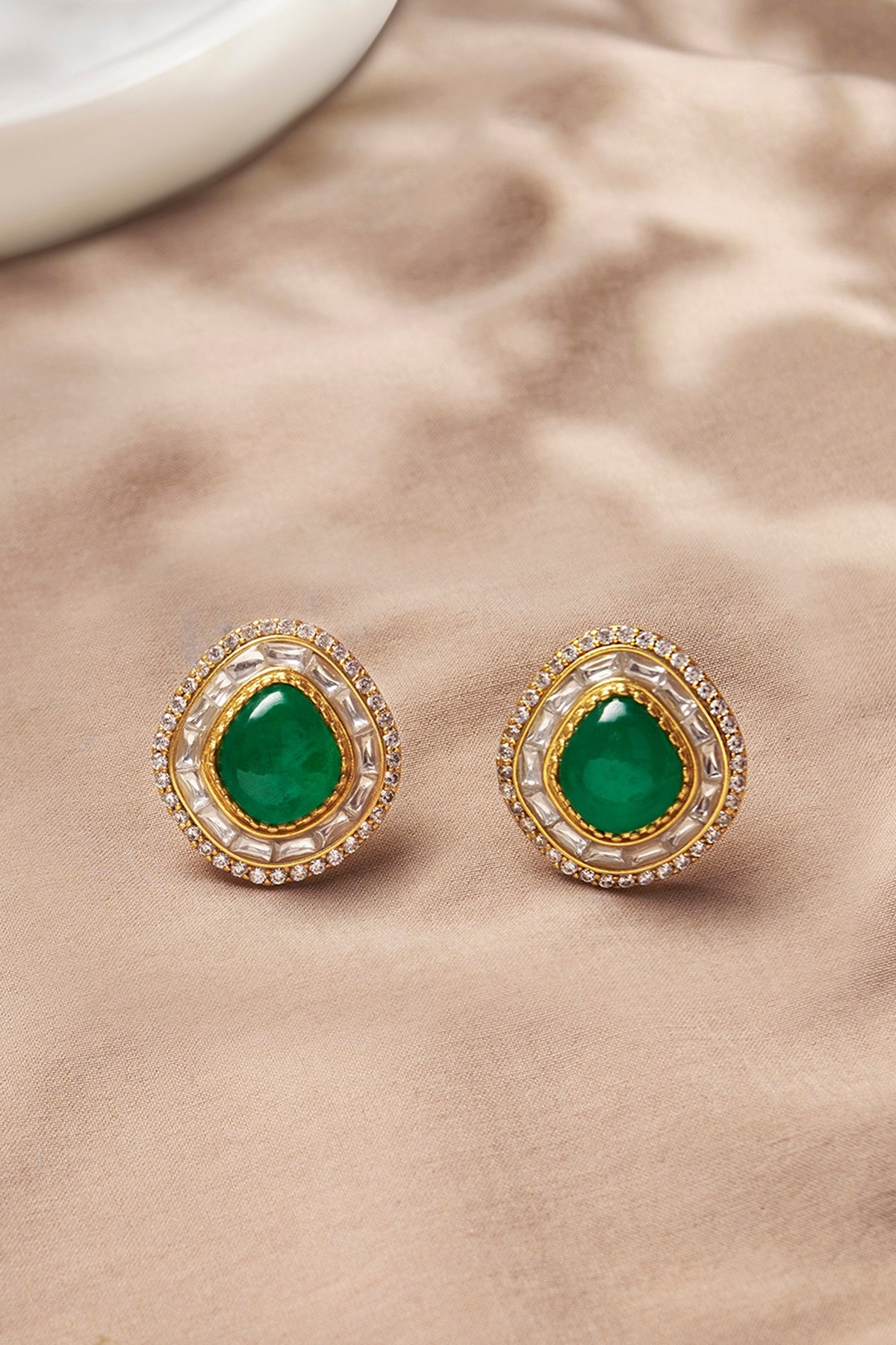 Gold Plated Kundan Polki & Hydro Emerald Stud Earrings