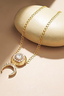 Gold Plated Kundan Polki & Pearl Crescent Chain Necklace