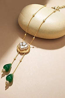 Gold Plated Kundan Polki & Pearl Tassel Chain Necklace