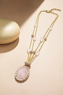 Gold Finish Pink Quartz Necklace