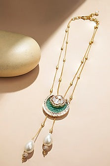 Gold Plated Hydro Kundan Polki & Shell Pearl Drop Chain Necklace