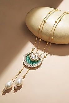Gold Plated Hydro Kundan Polki & Shell Pearl Drop Chain Necklace