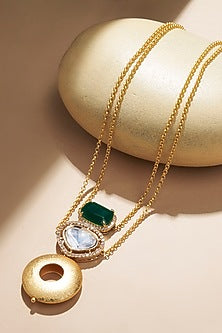 Gold Plated Kundan Polki & Hydro Emerald Chain Necklace