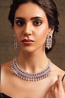 Gold Finish Ruby & Diamond Necklace Set