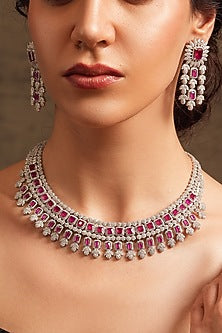 Gold Finish Ruby & Diamond Necklace Set
