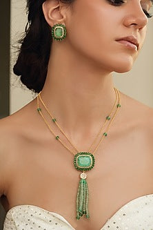 Gold Finish Green Tassel Pendant Necklace Set