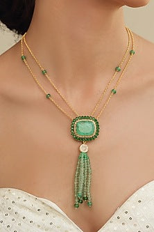 Gold Finish Green Tassel Pendant Necklace Set