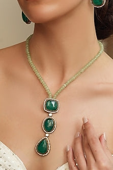 Gold Finish Dark Green Stone & Beaded Chain Necklace Set