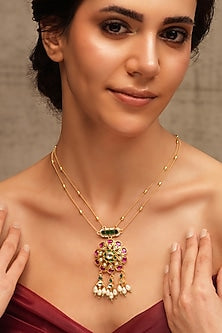 Gold Finish Multi-Colored Stone Pendant Necklace