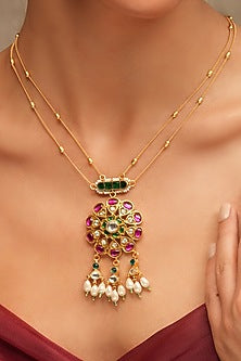 Gold Finish Multi-Colored Stone Pendant Necklace